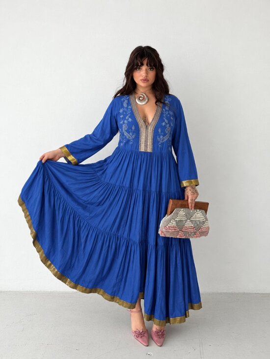Vintage Dresses & Skirts - April Cornell Tiered Maxi Dress Size Large Full Ethnic Blue V-neck (c1)